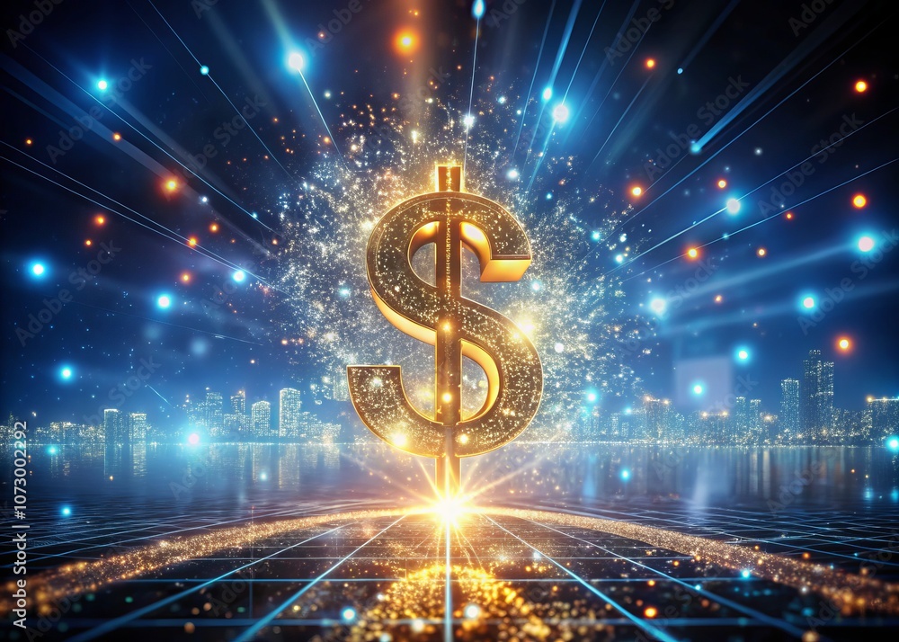 Sparkling Dollar Sign Shimmering in a Digital Economic Landscape Surrounded by Glowing Particles - A Conceptual Representation of Economic Policy and Financial Growth Sparkling Dollar Sign Shimmering in a Digital Economic Landscape Surrounded by Glowing Particles - A Conceptual Representation of Economic Policy and Financial Growth