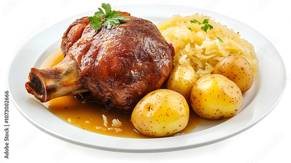 Pork knuckle with sauerkraut and potatoes on a plate, Oktoberfest, German traditional food, transparent or isolated on white background Pork knuckle with sauerkraut and potatoes on a plate, Oktoberfest, German traditional food, transparent or isolated on white background