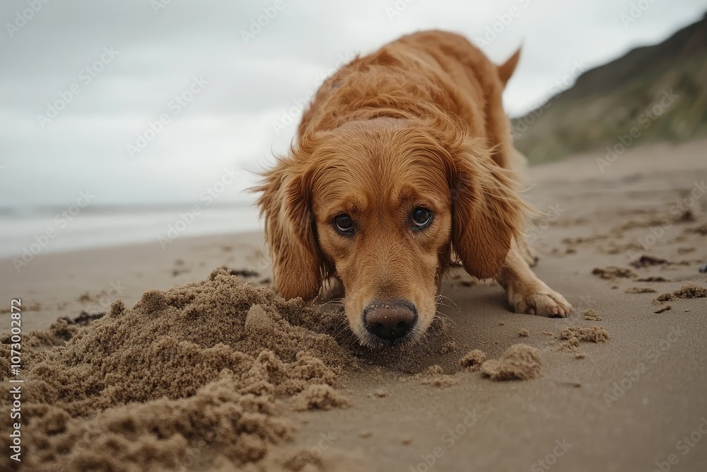 A dog digging excitedly in the sand at the beach, wagging its tail. A dog digging excitedly in the sand at the beach, wagging its tail.