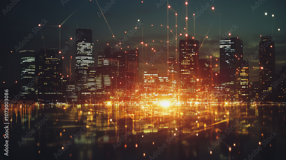 Obraz premium Smart digital Innovation city Business skyscrapers in the Financial District with connection network reciprocity over the cityscape. of future smart wireless digital city and social media networking