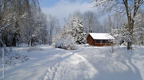 31. Perspective view of a snow-covered path leading to a cozy winter cabin