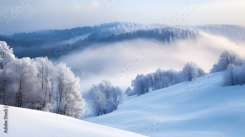 35. Low-angle shot of snow-covered hills in the early morning light with fog rolling over