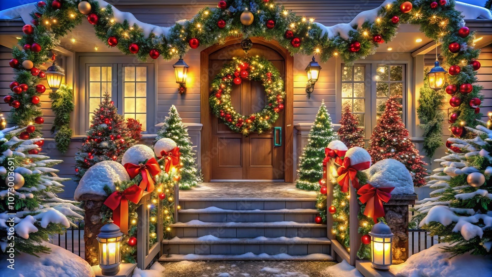 Stunning Aerial View of Christmas Garland Decorations Featuring Holly, Bells, and Ornaments Adorning a Festive Home for the Holidays Stunning Aerial View of Christmas Garland Decorations Featuring Holly, Bells, and Ornaments Adorning a Festive Home for the Holidays