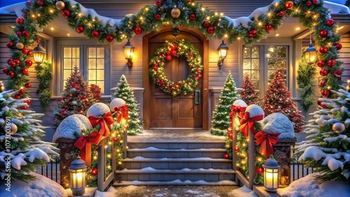 Stunning Aerial View of Christmas Garland Decorations Featuring Holly, Bells, and Ornaments Adorning a Festive Home for the Holidays