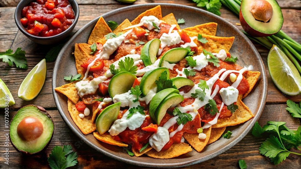 Aromatic Tortilla Chips Topped with Creamy Sauce, Sliced Avocado, and Fresh Herbs, Resting on a Rustic Wooden Surface Aromatic Tortilla Chips Topped with Creamy Sauce, Sliced Avocado, and Fresh Herbs, Resting on a Rustic Wooden Surface