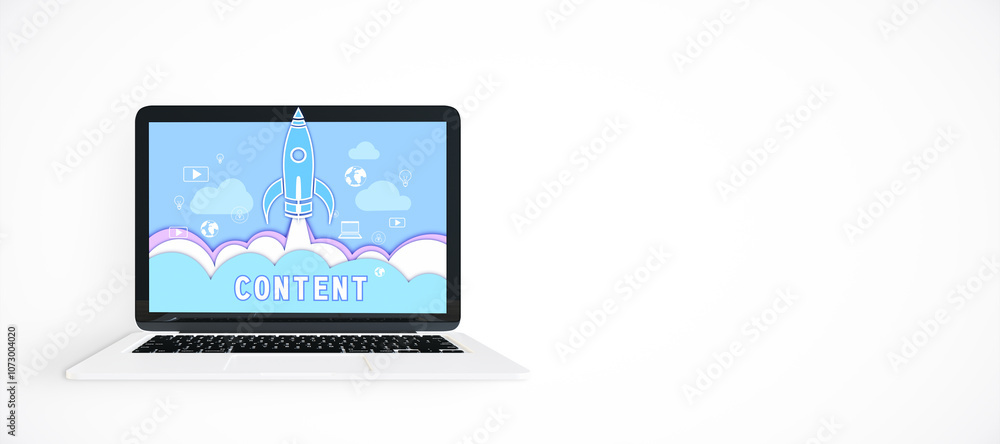 Laptop with content marketing concept on screen, showing a rocket launch graphic on a white background. 3D Rendering Laptop with content marketing concept on screen, showing a rocket launch graphic on a white background. 3D Rendering