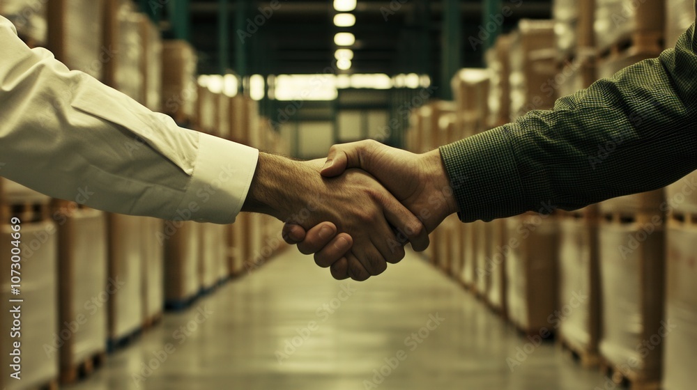 Close-up handshake between manager and worker in a warehouse during business collaboration Close-up handshake between manager and worker in a warehouse during business collaboration