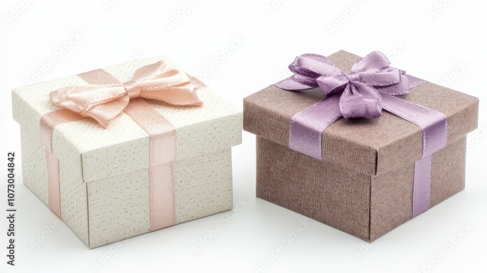 Gift Boxes with Bows: Two beautifully wrapped gift boxes, one beige and one brown, with delicate pink and purple bows, offer a visual delight for any occasion. Gift Boxes with Bows: Two beautifully wrapped gift boxes, one beige and one brown, with delicate pink and purple bows, offer a visual delight for any occasion.