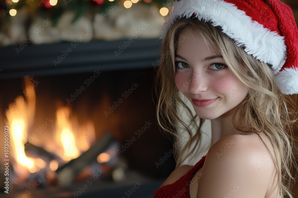 A holiday-themed woman dressed in a flirty Santa outfit, standing near a cozy fireplace. A holiday-themed woman dressed in a flirty Santa outfit, standing near a cozy fireplace.