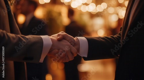 Close-up handshake between an event planner and client at a venue during a networking event