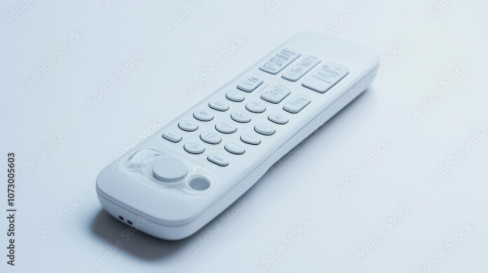 White Remote Control: A sleek, modern remote control with multiple buttons for easy operation, perfect for any home entertainment system. White Remote Control: A sleek, modern remote control with multiple buttons for easy operation, perfect for any home entertainment system.