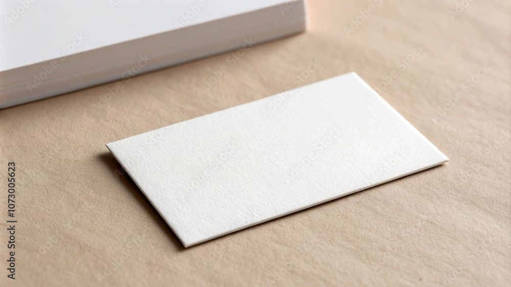 Blank White Card Mockup on Brown Paper Background with Stack of Paper in Blur Blank White Card Mockup on Brown Paper Background with Stack of Paper in Blur