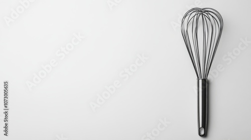 Whisk It Up: A close-up view of a single silver whisk, isolated against a clean backdrop, embodies simplicity and culinary precision. 