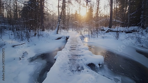 71. Wide-angle shot of a small, snow-covered bridge crossing a frozen creek