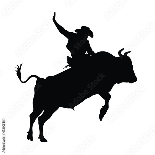 a cow girl ridding a aggressive bull, the bull are jumping with back two leg, vector silhouette