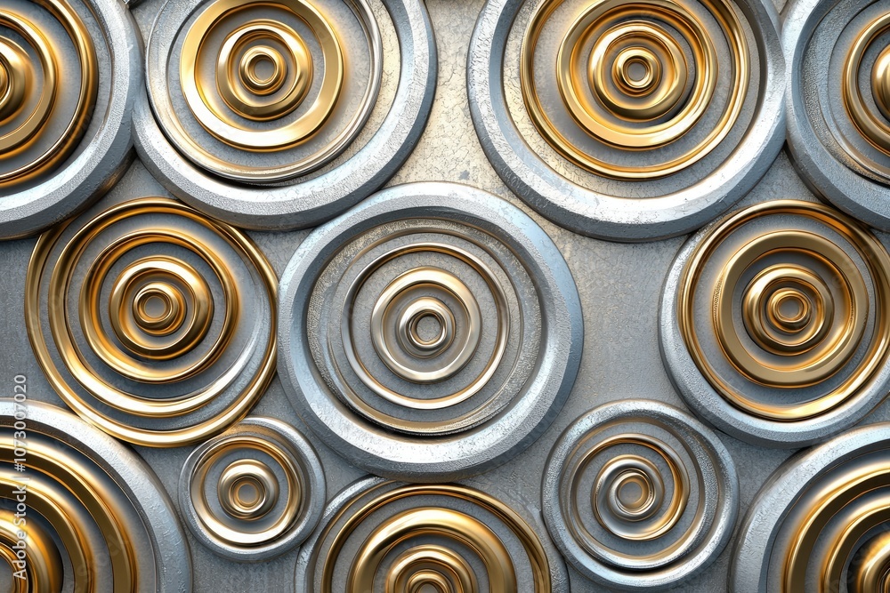 A complex 3D pattern of concentric circles and spirals in metallic shades of gold and silver. A complex 3D pattern of concentric circles and spirals in metallic shades of gold and silver.