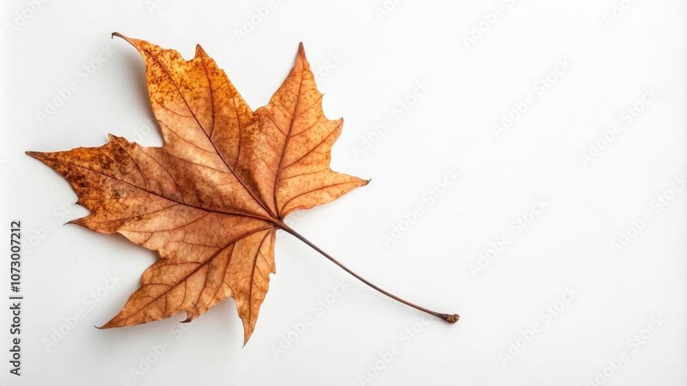 A single, dried maple leaf with intricate veins and a delicate brown hue rests on a clean white surface, capturing the essence of autumnal transition. A single, dried maple leaf with intricate veins and a delicate brown hue rests on a clean white surface, capturing the essence of autumnal transition.