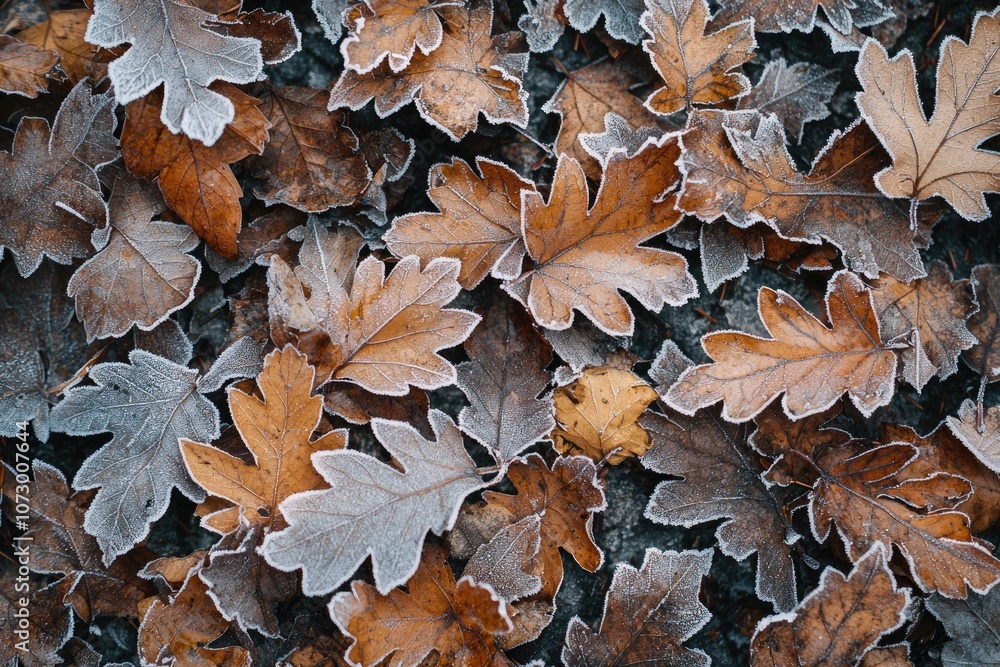 A collection of ice-covered leaves scattered across the frozen ground in a winter forest. A collection of ice-covered leaves scattered across the frozen ground in a winter forest.