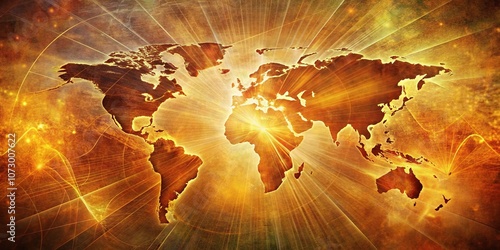 Fototapeta Naklejka Na Ścianę i Meble -  A radiant world map illuminated by a golden glow, evoking a sense of global unity and interconnectedness