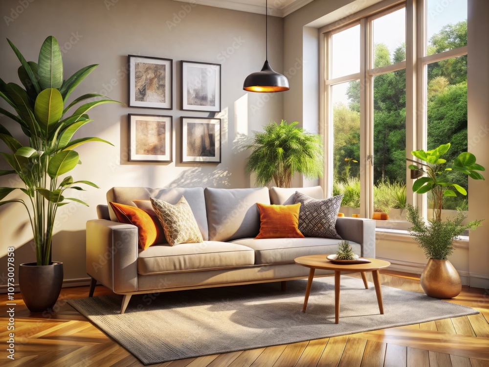 Naklejka premium Stylish Indoor Living Space with Cozy Sofa and Potted Plant, Creating a Calming Atmosphere Perfect for Modern Home Decor and Urban Exploration Photography