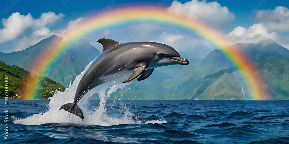 Obraz premium dolphins jumping out of the sea in beautiful island, created by Generative AI