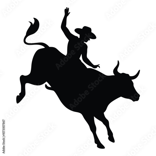 a cow girl ridding a aggressive bull, the bull are jumping with back two leg, vector silhouette