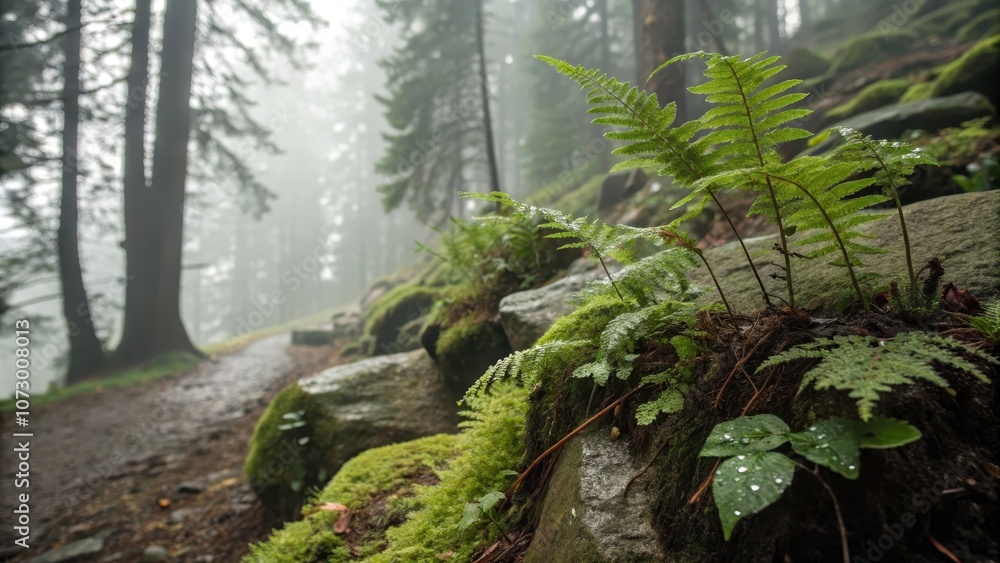 A misty forest path winds its way through a verdant landscape, with moss-covered rocks and vibrant ferns adding a touch of life to the scene. A misty forest path winds its way through a verdant landscape, with moss-covered rocks and vibrant ferns adding a touch of life to the scene.