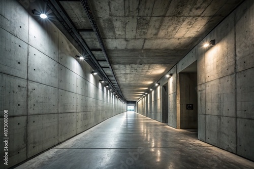 Abstract Modern Concrete Hallway with Row of Lights and Rough Floor in an Industrial Interior Setting - Perfect Background Template for Creative Projects