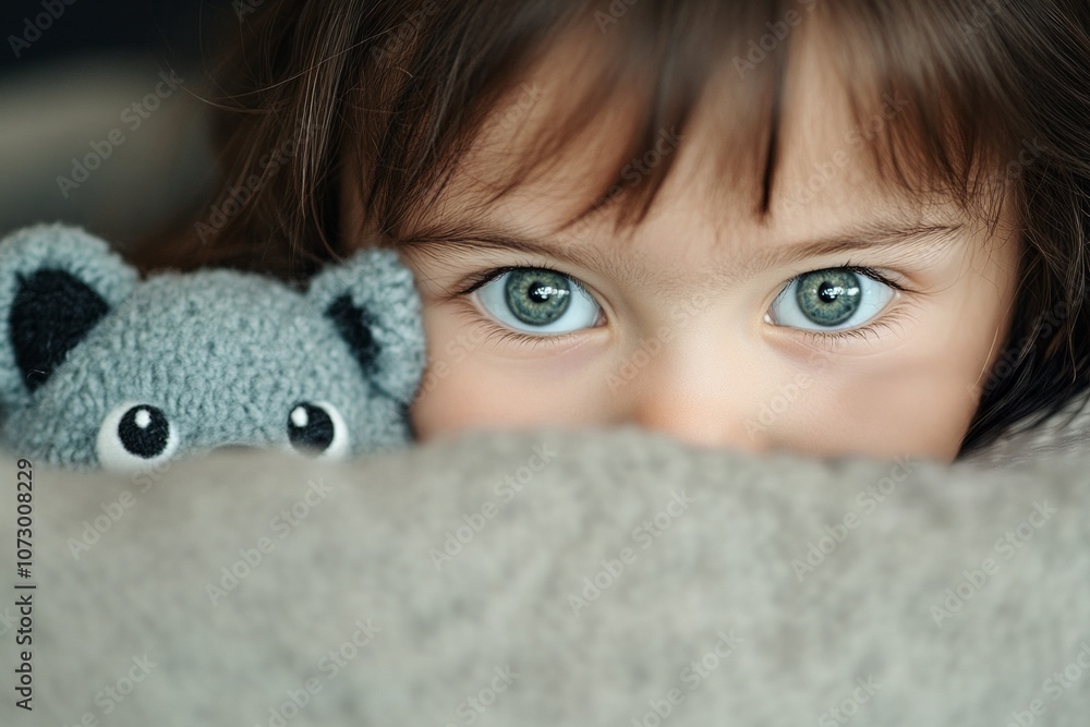 Child peeking out from underneath a blanket while holding a cute grey stuffed animal Child peeking out from underneath a blanket while holding a cute grey stuffed animal