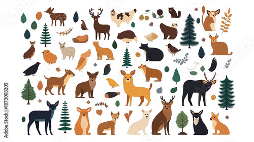 Forest Friends Collection: A charming collection of hand-drawn forest animals, birds, and plants. Perfect for children's illustrations, nature-themed designs, and woodland-inspired projects.  photo