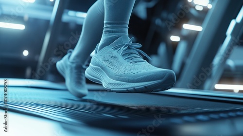 Close-up of running shoes on treadmill