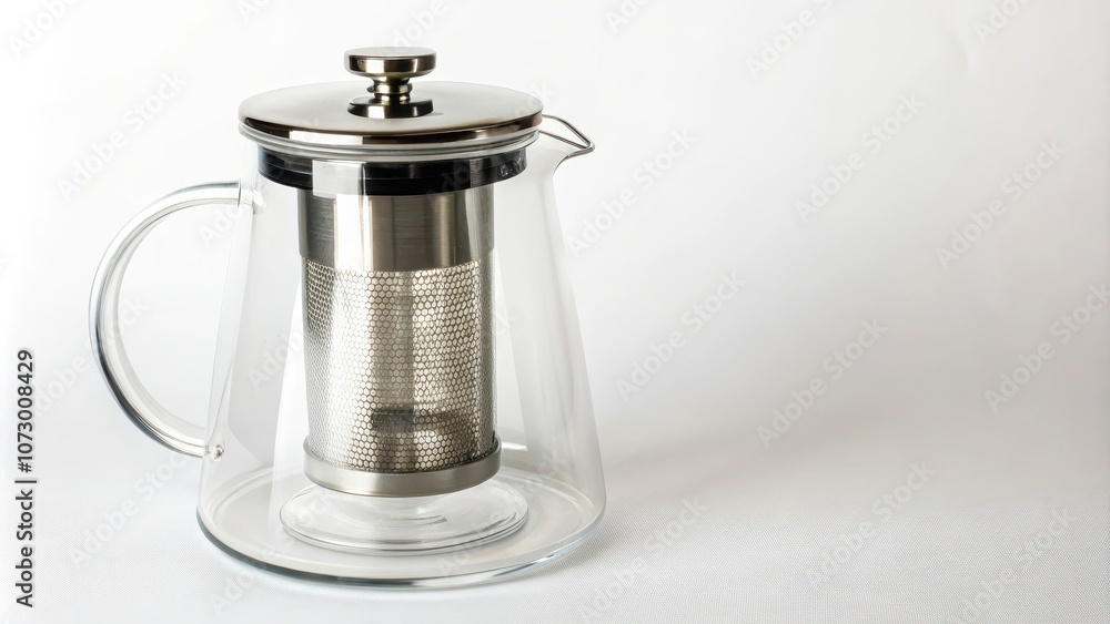A clear glass teapot with a stainless steel lid, handle, and infuser, perfect for brewing loose leaf tea.