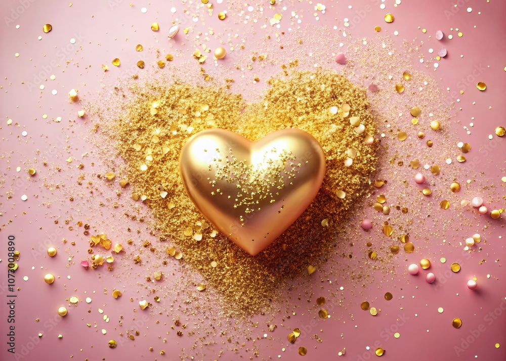 A Captivating Golden Heart Surrounded by Shimmering Confetti on a Soft Pink Background, Perfect for Celebrations and Romantic Occasions A Captivating Golden Heart Surrounded by Shimmering Confetti on a Soft Pink Background, Perfect for Celebrations and Romantic Occasions