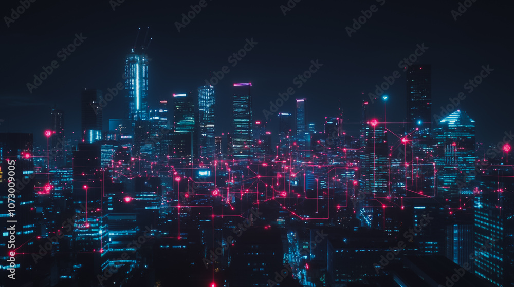 Fototapeta premium Smart digital Innovation city Business skyscrapers in the Financial District with connection network reciprocity over the cityscape. of future smart wireless digital city and social media networking
