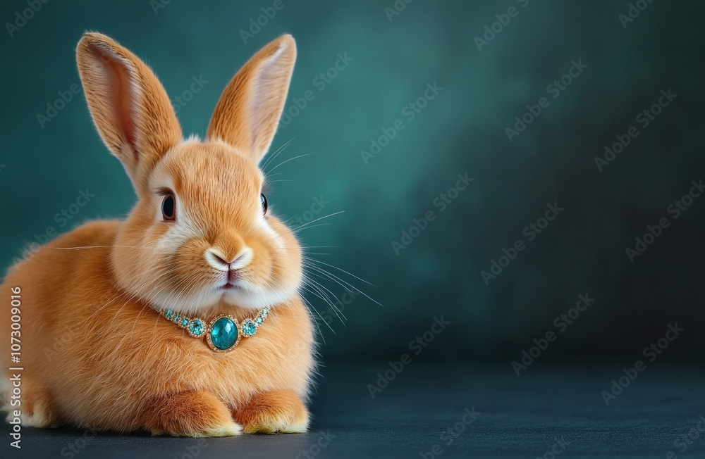 Obraz premium A cozy rabbit adorned with a delicate necklace rests gracefully against a dark, calming backdrop
