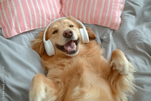 A happy golden retriever dog is lying on its back photo