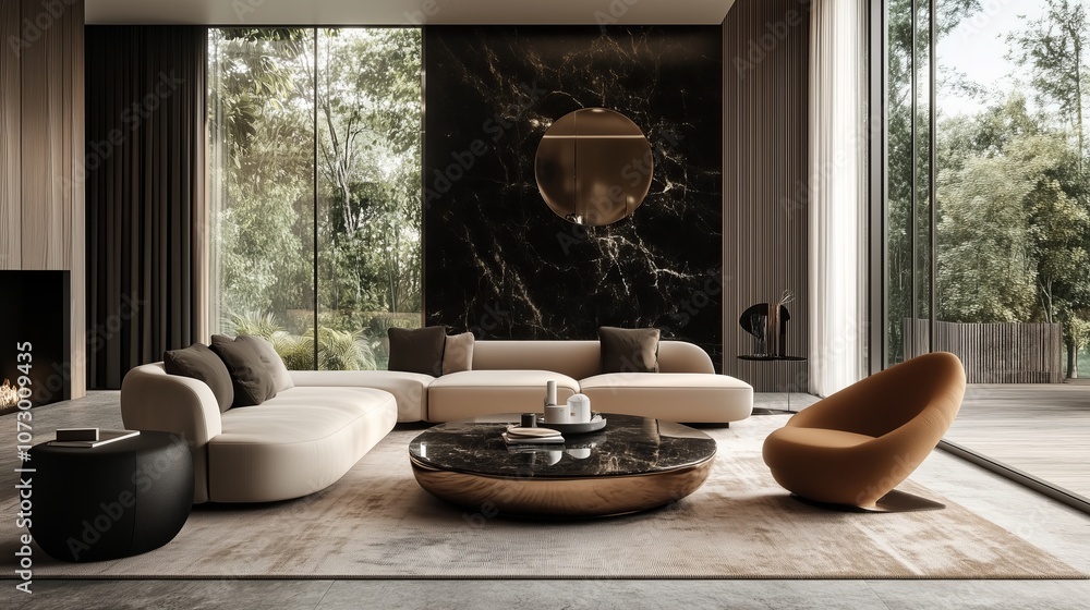 Modern Luxury Living Room with Marble Accent Wall, Contemporary Furniture, Floor-to-Ceiling Windows Overlooking Nature, Elegant Interior Design, Minimalist Style with Natural Lighting, Cozy and Sophis Modern Luxury Living Room with Marble Accent Wall, Contemporary Furniture, Floor-to-Ceiling Windows Overlooking Nature, Elegant Interior Design, Minimalist Style with Natural Lighting, Cozy and Sophis