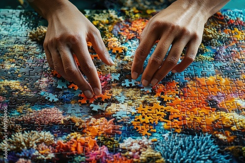 A table with a jigsaw puzzle of an underwater coral reef being assembled.