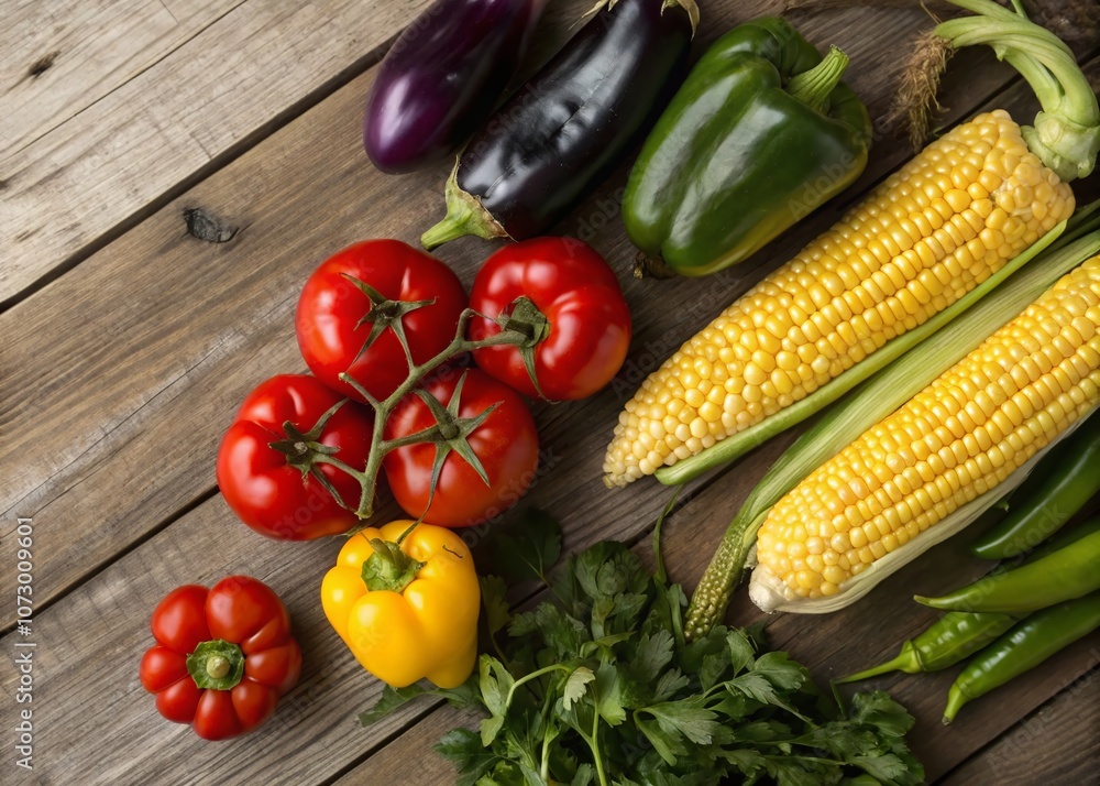 A Colorful Top View of Fresh Vegetables Including Red Tomatoes, Green Bell Peppers, Purple Eggplants, and Yellow Corn Perfect for Healthy Eating and Culinary Inspiration A Colorful Top View of Fresh Vegetables Including Red Tomatoes, Green Bell Peppers, Purple Eggplants, and Yellow Corn Perfect for Healthy Eating and Culinary Inspiration
