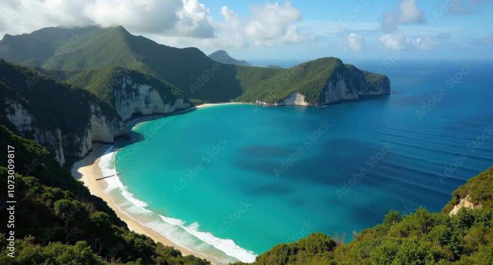 Fototapeta premium Lush green limestone cliffs and crystal-clear waters of Palawan Island, Philippines, under soft natural light, creating a tropical paradise feel.