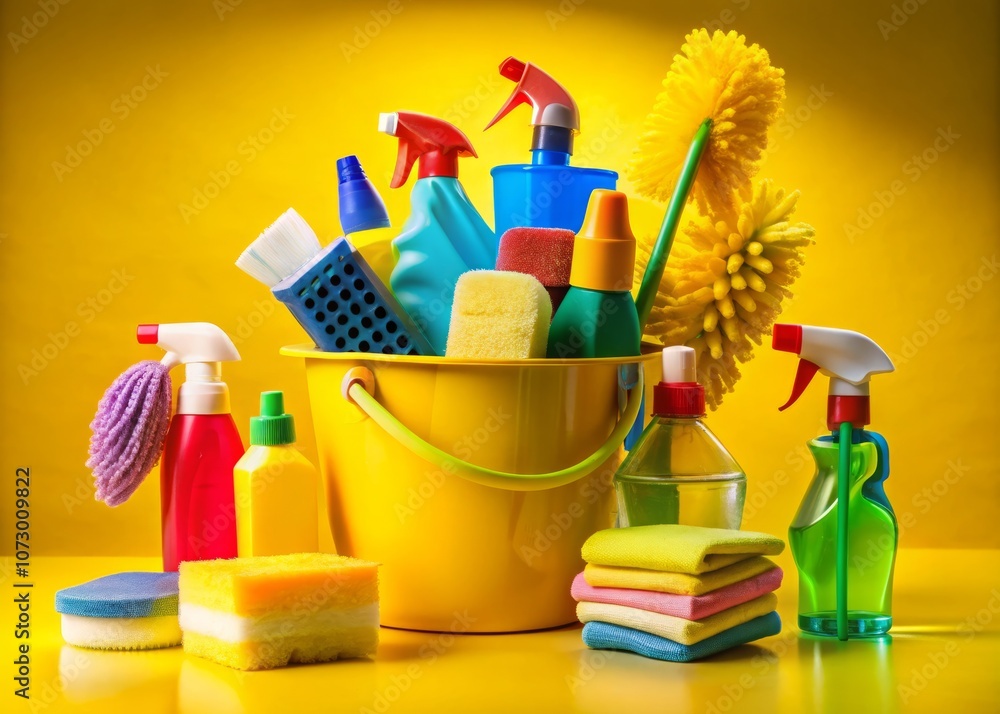 Surreal Cleaning Supplies Composition with Yellow Rubber Gloves, Brushes, Bottles, Sponges, and Rags in a Vibrant Yellow Bucket on a Bright Yellow Background for Cleaning Service Advertisement Surreal Cleaning Supplies Composition with Yellow Rubber Gloves, Brushes, Bottles, Sponges, and Rags in a Vibrant Yellow Bucket on a Bright Yellow Background for Cleaning Service Advertisement