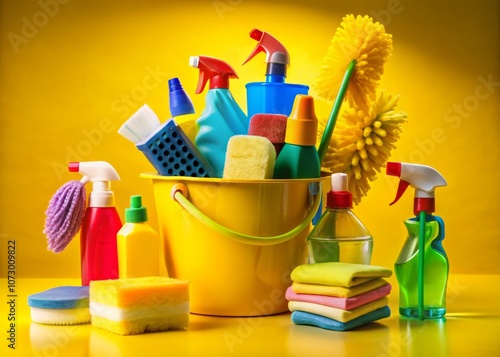 Surreal Cleaning Supplies Composition with Yellow Rubber Gloves, Brushes, Bottles, Sponges, and Rags in a Vibrant Yellow Bucket on a Bright Yellow Background for Cleaning Service Advertisement