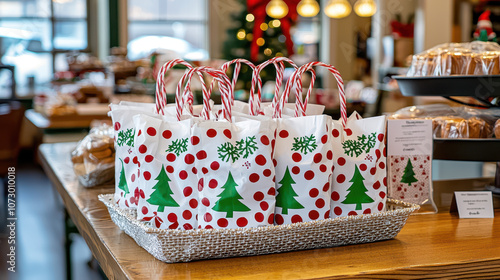 Cozy holiday gift bags with festive designs piled on table, creating cheerful atmosphere perfect for seasonal celebrations photo