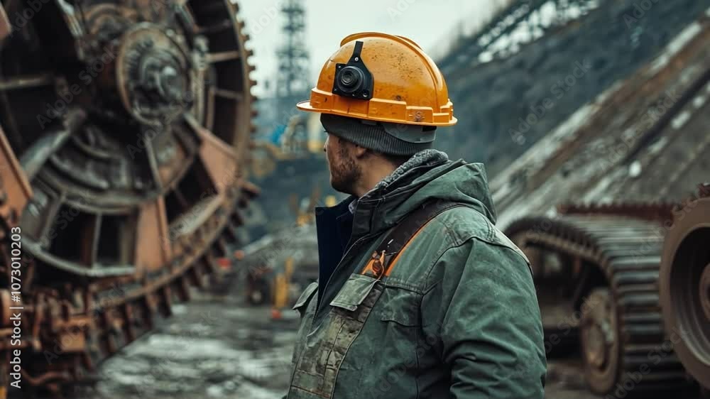 Safety helmet technician inspecting mining machinery. Safety helmet technician inspecting mining machinery.