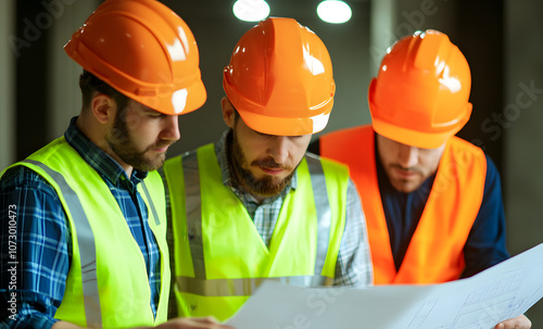 Team of Project Managers Reviewing Final Construction Plans in Hard Hats and Safety Vests with Technical Drawings at Construction Site