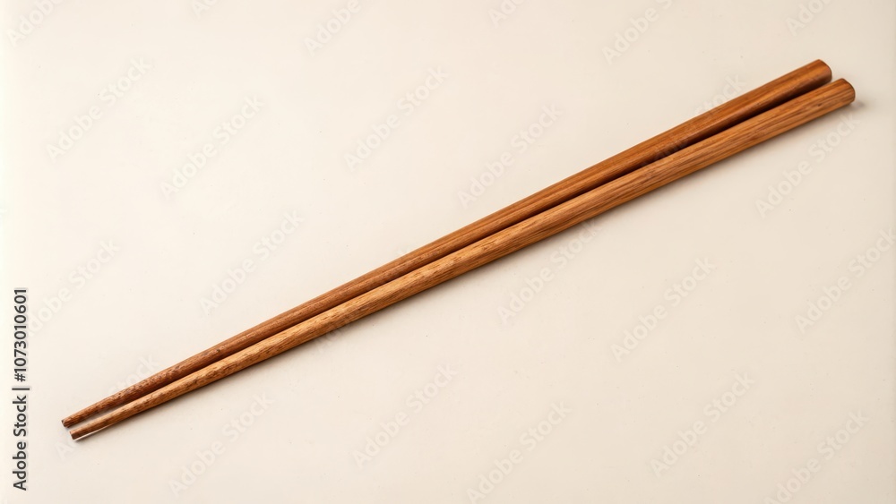 Two wooden chopsticks lying on a white background, ready to be used for a delicious meal. Two wooden chopsticks lying on a white background, ready to be used for a delicious meal.
