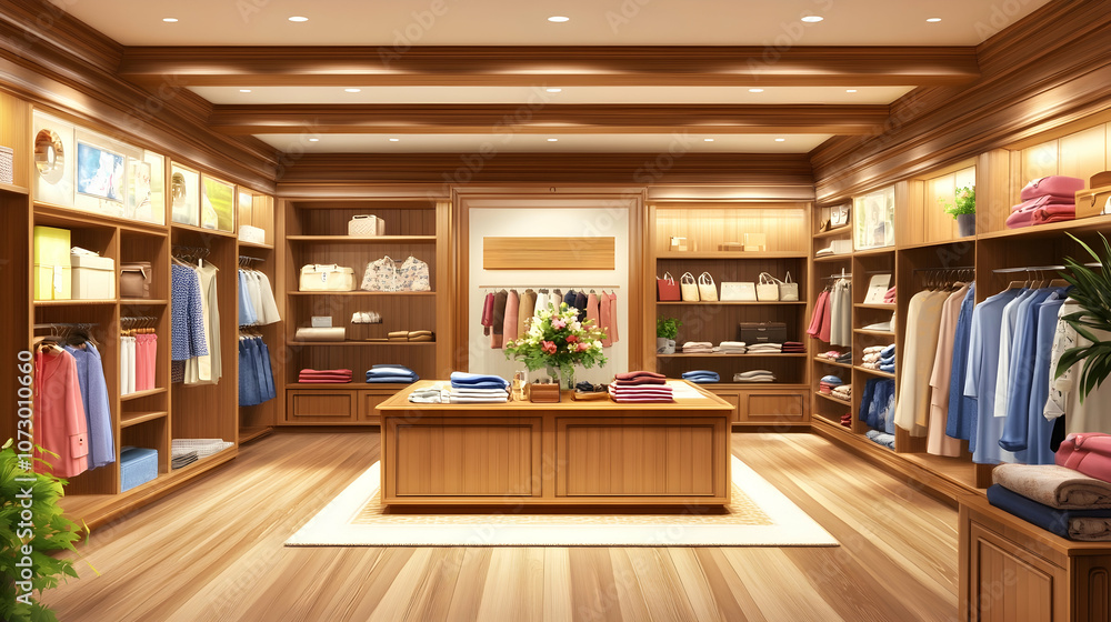 A well-lit boutique with wooden shelves filled with clothing and accessories. A well-lit boutique with wooden shelves filled with clothing and accessories.