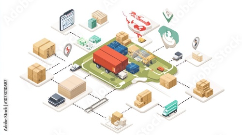 An isometric illustration of a complex supply chain network with multiple trucks, warehouses, and delivery vehicles.