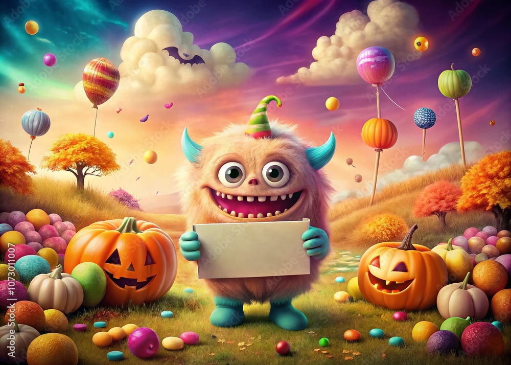 Fototapeta premium Adorable Halloween Monster Holding a Blank Sign Perfect for Your Promotional Message, Set in a Whimsical Surreal Landscape with Spooky Elements and Vibrant Colors