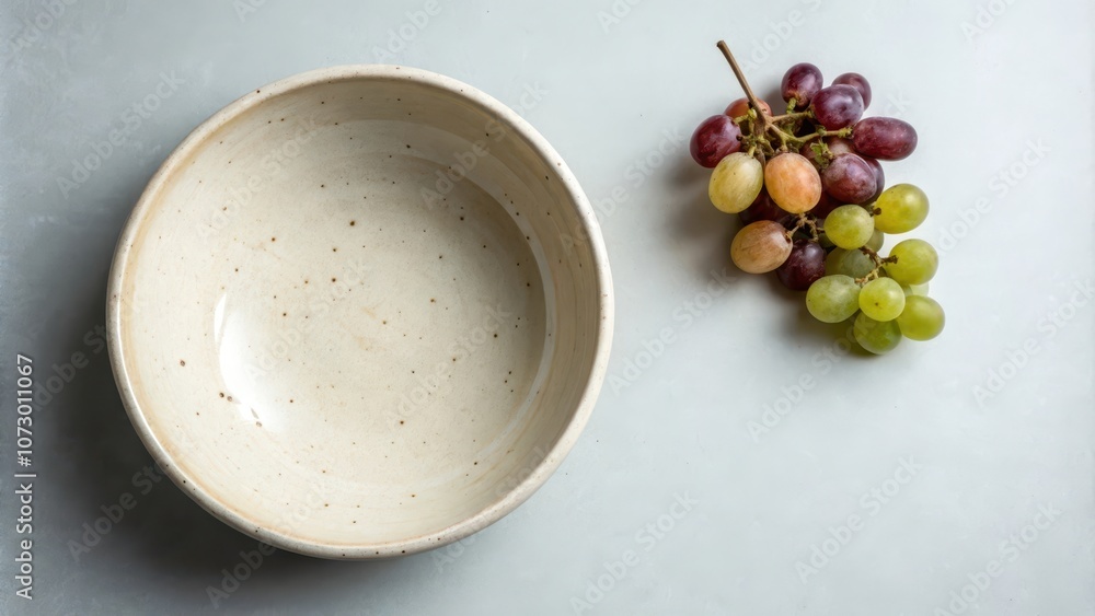 A simple ceramic bowl with a speckled glaze sits on a light gray surface, next to a cluster of green, yellow, and red grapes. A simple ceramic bowl with a speckled glaze sits on a light gray surface, next to a cluster of green, yellow, and red grapes.
